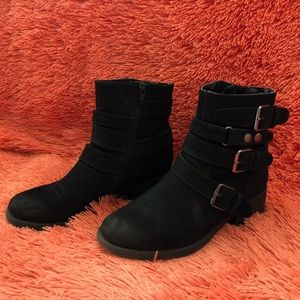 Black suede buckle boots